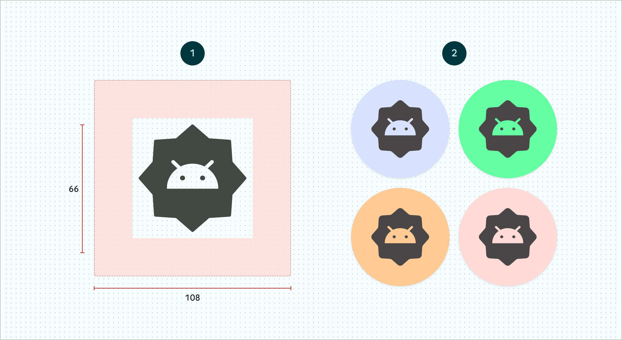 An image showing an example of a monochromatic icon layer (left image)
and color previews (right image). The monochromatic layer shows the 16-sided
icon of a sample Android logo centered within a 66x66 safe zone. The safe
zone is centered inside of a 108x108 container. The color previews show
this layer display when applied to differently colored user themes (orange,
pink, yellow, and green).