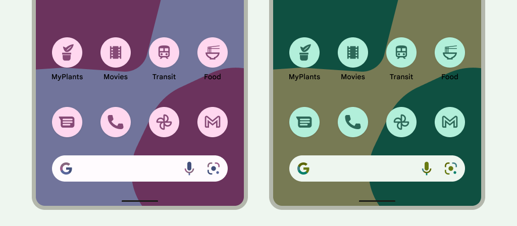 세 가지 Android 기기의 예를 보여주는 이미지입니다. 각 기기는 서로 다른 색조가 적용된 서로 다른 사용자 테마를 보여줍니다. 첫 번째는 어두운 색조의 배경화면을, 두 번째는 황금색 배경화면을, 세 번째는 푸른 색조의 연한 회색 배경화면을 보여 줍니다. 각 예에서 아이콘은 배경화면의 색조를 상속하여 완벽하게 섞입니다.