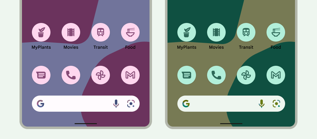 Gambar yang menunjukkan contoh tiga perangkat Android, masing-masing menampilkan
tema pengguna yang berbeda dengan tint berbeda: yang pertama menampilkan wallpaper dengan
tint gelap; yang kedua menampilkan wallpaper berwarna keemasan; yang ketiga menampilkan
wallpaper dengan wallpaper abu-abu muda dengan tint kebiruan. Pada setiap contoh, ikon mewarisi tint wallpaper dan menyatu sempurna.