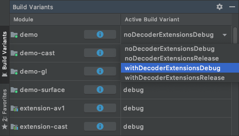 Memilih varian build demo `withDecoderExtensionsDebug`