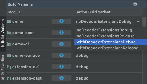 Cómo seleccionar la variante de compilación de demostración `withDecoderExtensionsDebug`