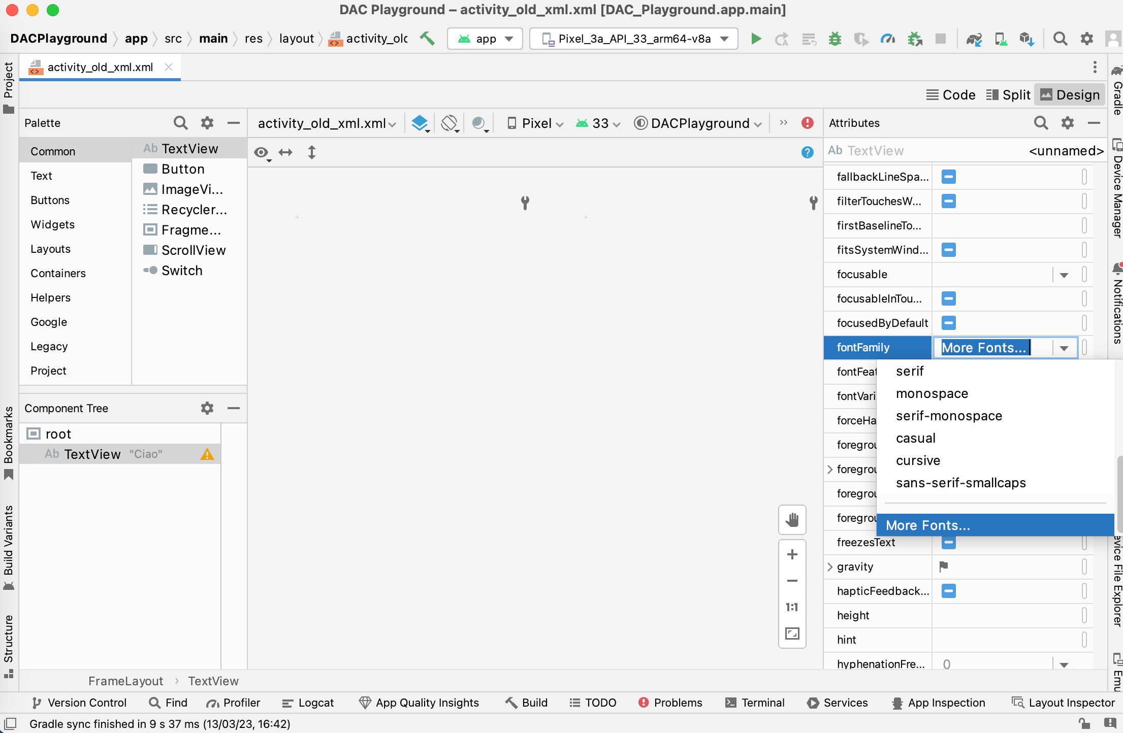 Un&#39;immagine che mostra l&#39;Editor layout di Android Studio