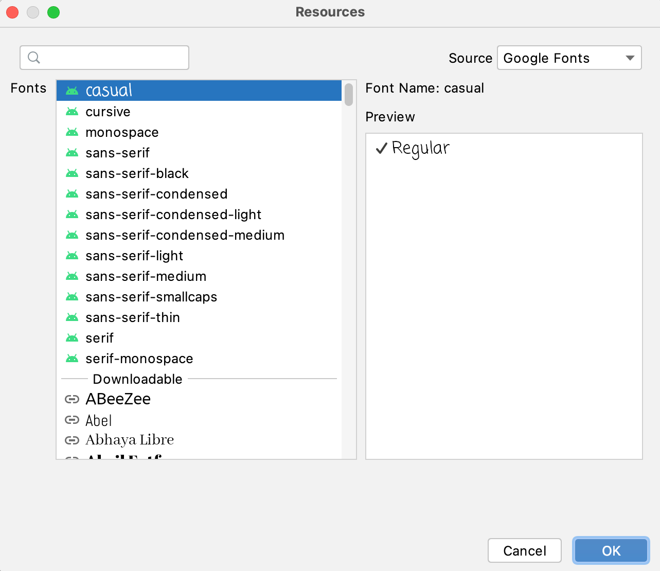 Gambar yang menampilkan cara memilih font dari jendela Resources