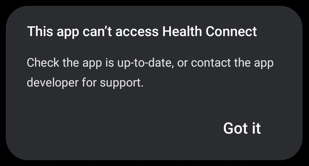 Diálogo que les muestra a los usuarios que la app no puede acceder a Health Connect.