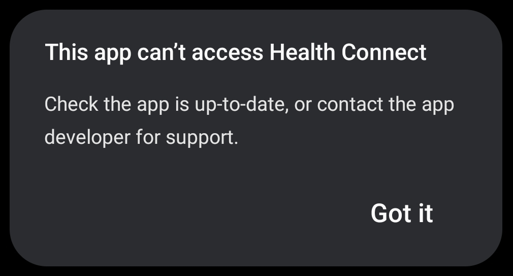Ein Dialogfeld, in dem Nutzern angezeigt wird, dass die App nicht auf Health Connect zugreifen kann.