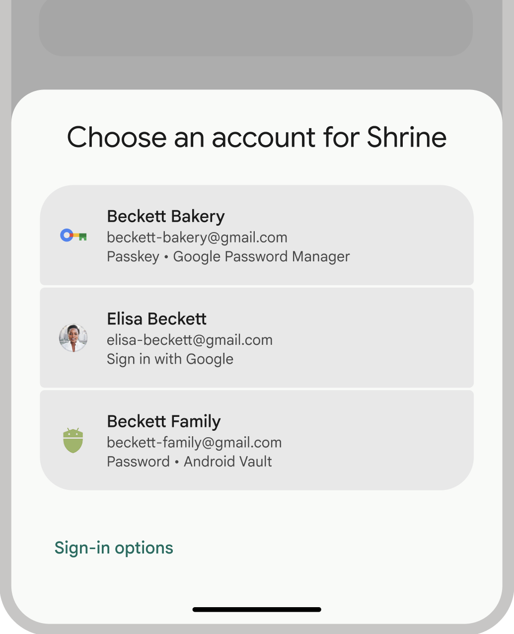 Antarmuka pengguna Credential Manager untuk kunci sandi, sandi, dan login gabungan