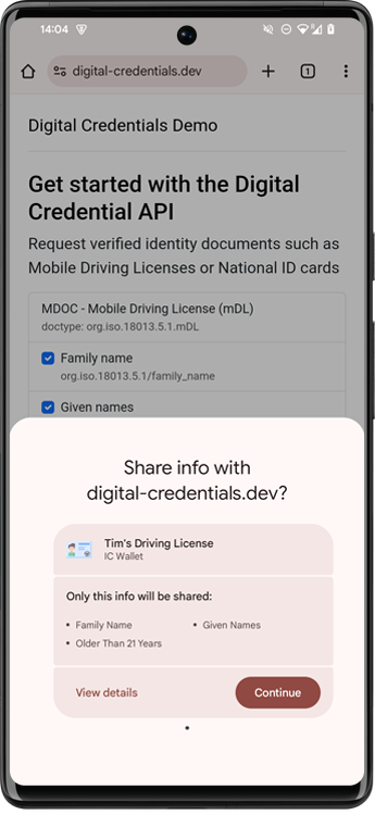 Imagen que muestra la IU de credenciales digitales en el Administrador de credenciales