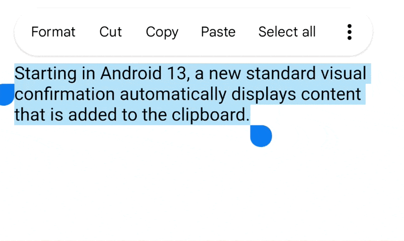 Ảnh động minh hoạ thông báo về bảng nhớ tạm của Android 13