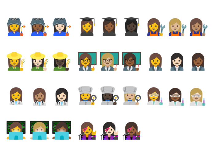 Çeşitli cilt tonlarında yeni profesyonel kadın emojisi koleksiyonu