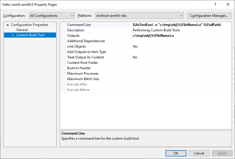 Capture d&#39;écran de la page des propriétés des outils de compilation personnalisés.