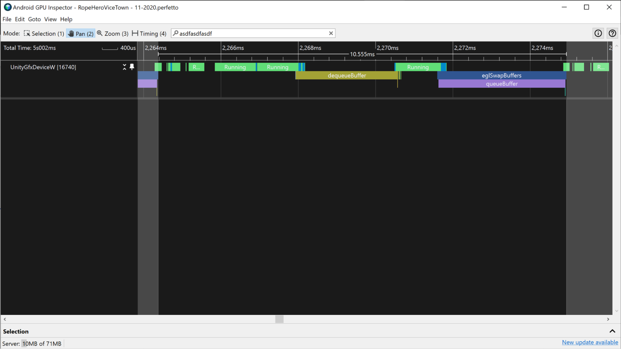 Una captura de pantalla que muestra una gran cantidad de inactividad durante los eventos de dequeueBuffer y eglSwapBuffer.