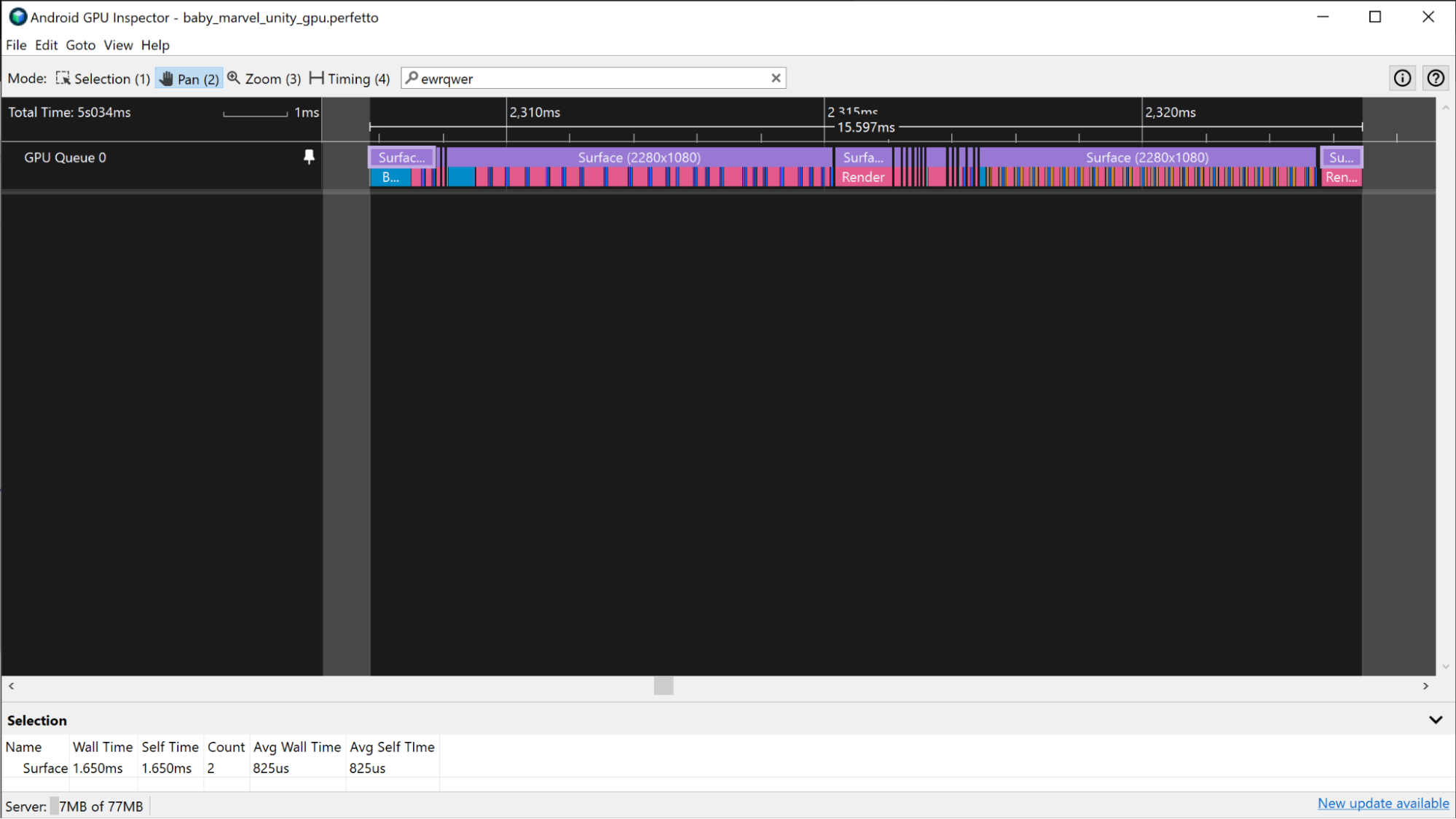 Screenshot beban kerja GPU paralel, tempat pekerjaan pada satu frame dapat tumpang tindih dengan frame lainnya.