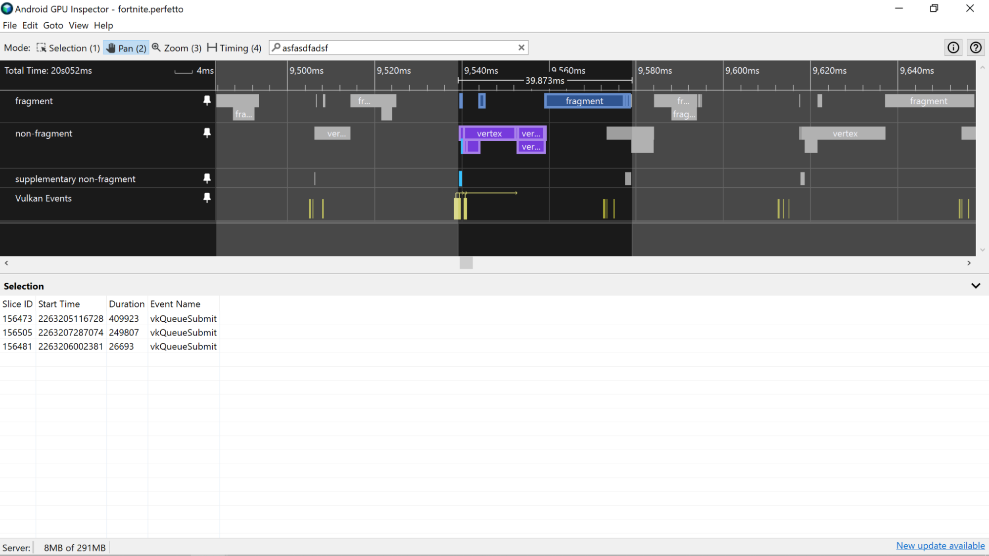 Uno screenshot di diversi eventi Vulkan selezionati per un frame.