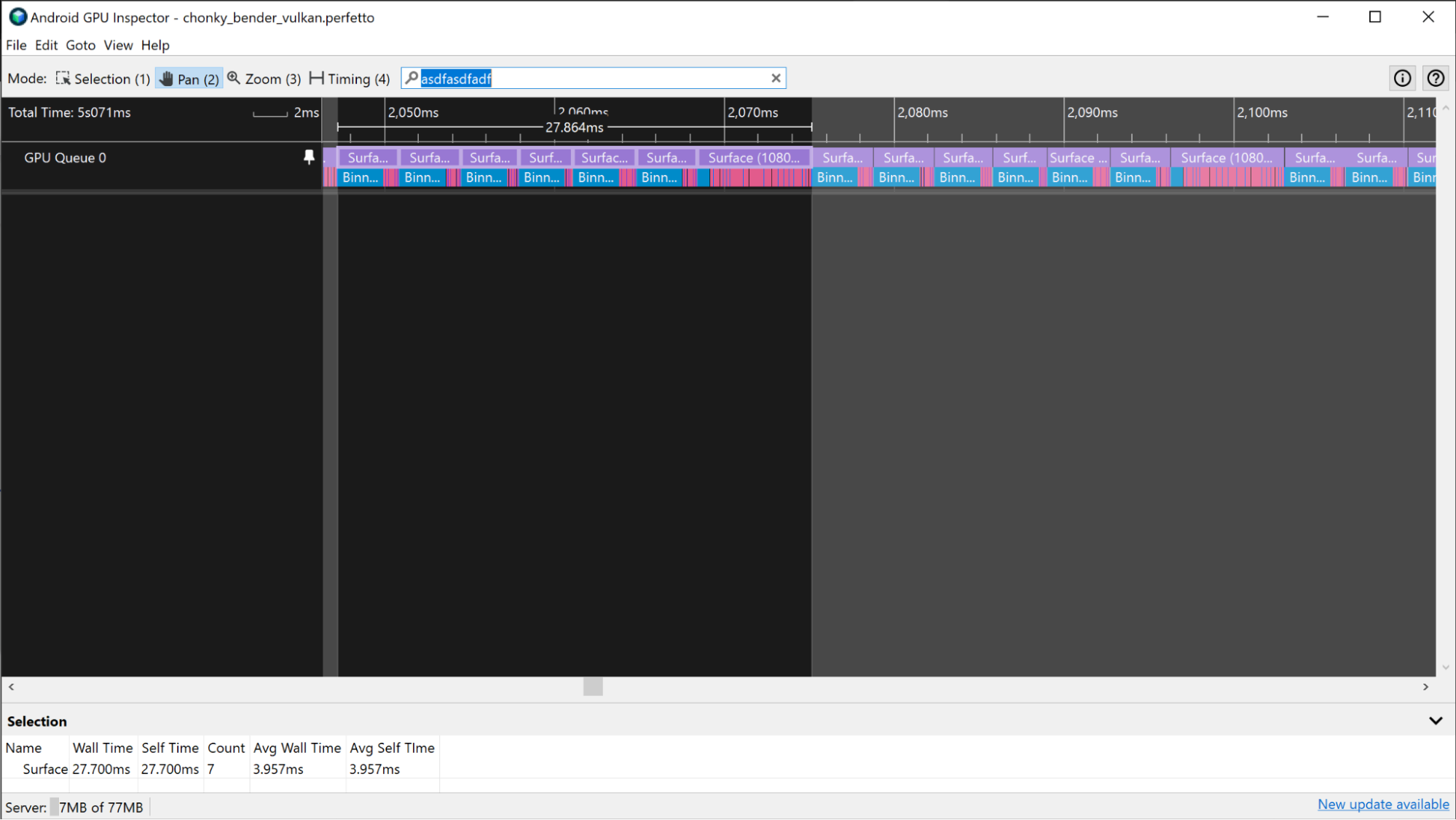 Uno screenshot di un&#39;app con un&#39;elevata dipendenza dalla GPU con un pattern di passaggio di rendering che aiuta a identificare i confini del frame.