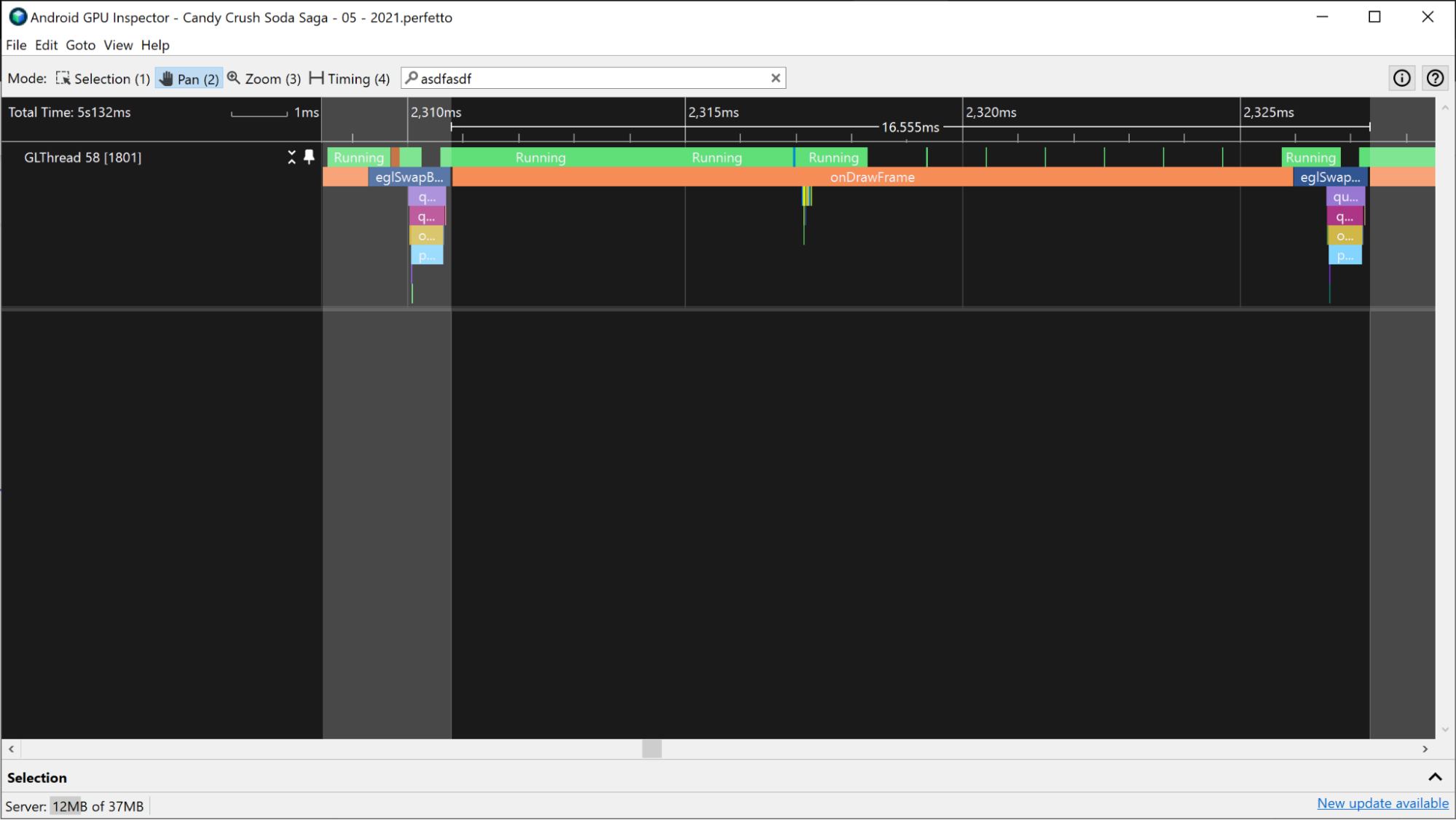 A screenshot that displays a large amount of idling during dequeueBuffer and eglSwapBuffer events.