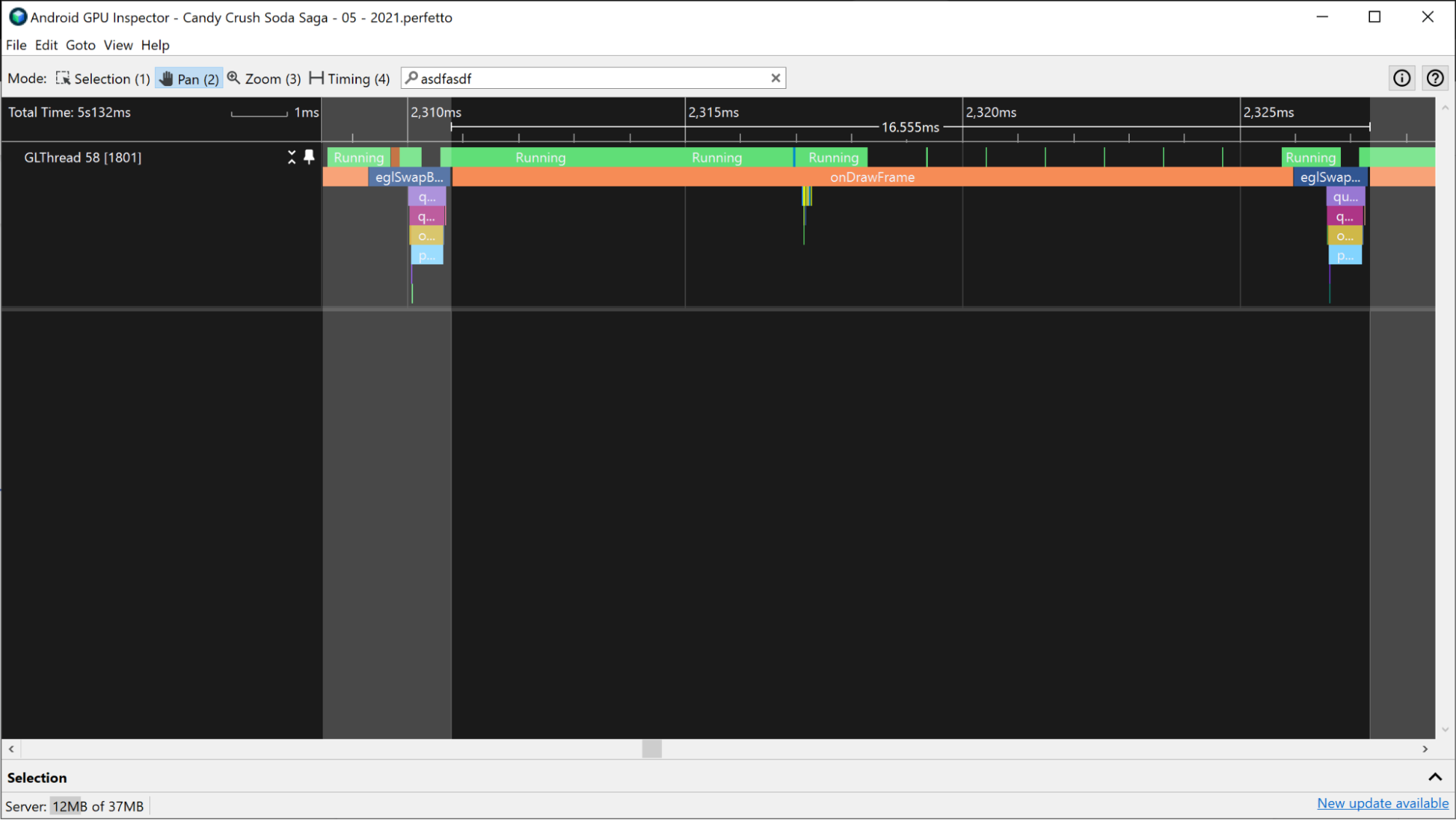 Captura de pantalla que muestra una gran cantidad de elementos inactivos durante los eventos dequeueBuffer y eglSwapBuffer.
