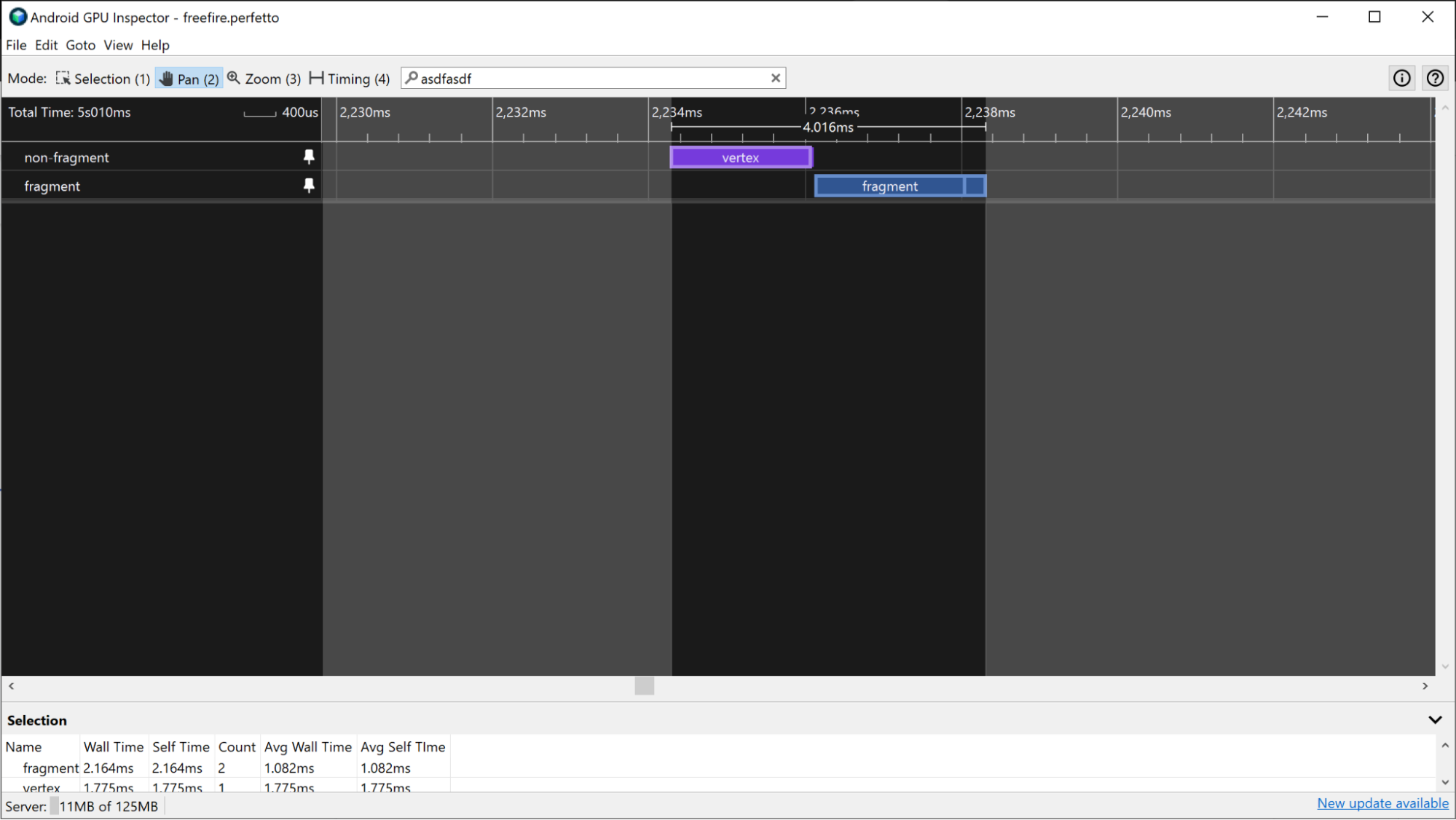 Captura de pantalla de una app con varios subprocesos que tiene un subproceso en funcionamiento mientras el subproceso principal está inactivo.