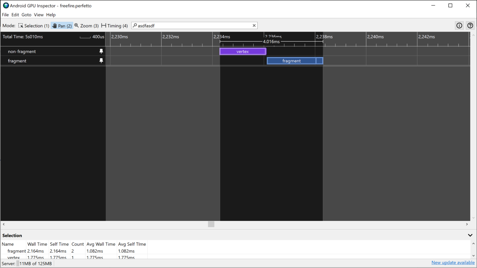 屏幕截图：一个多线程应用，其中在主线程处于空闲状态时有一个工作线程。