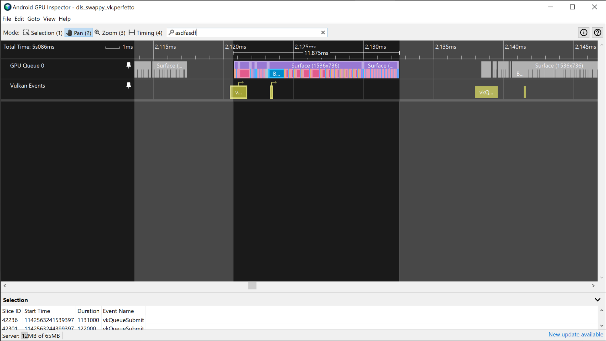 Captura de pantalla de una app basada en Vulkan en la que se seleccionan los eventos de Vulkan de la trama.
