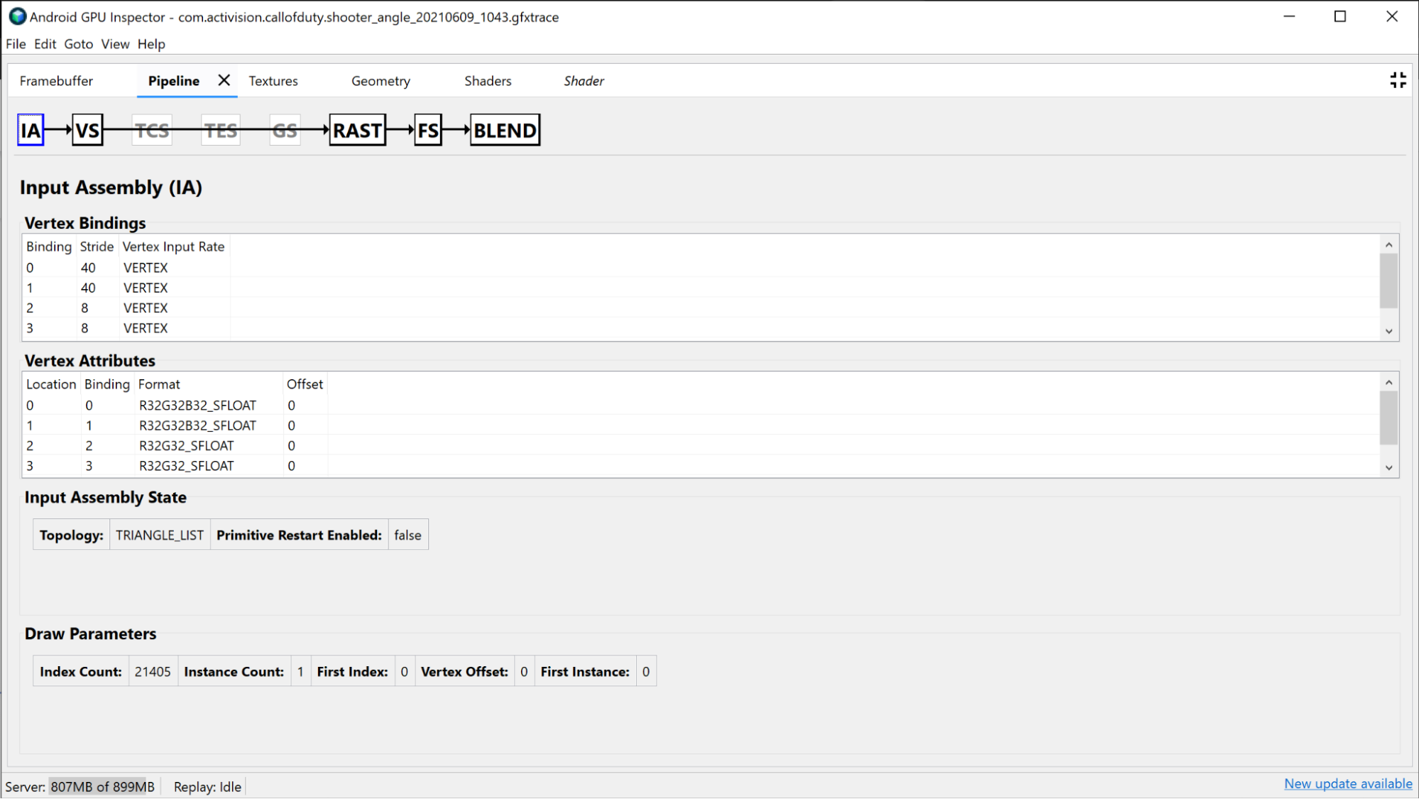 Input Assembler section in the Pipeline pane