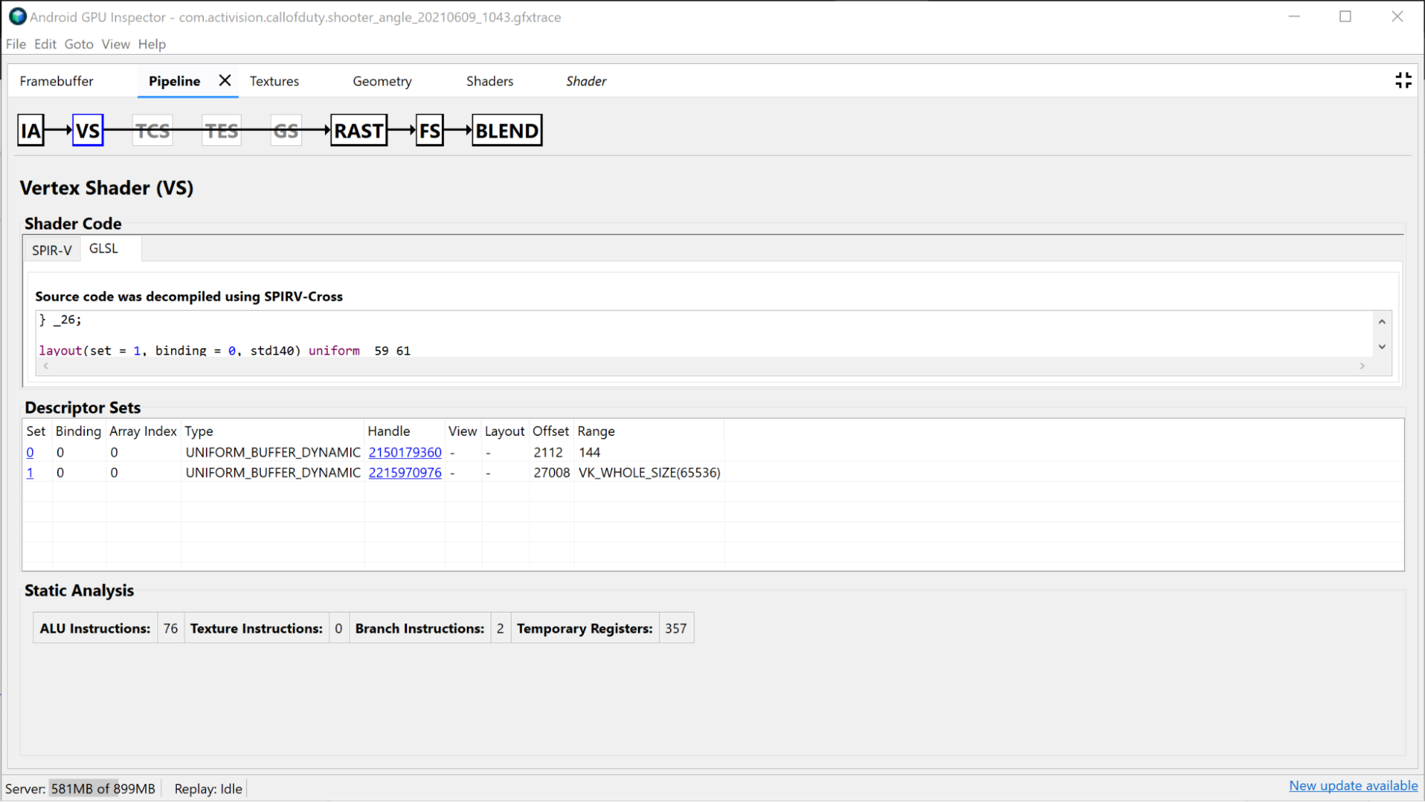 Bagian Vertex Shader di panel Pipeline