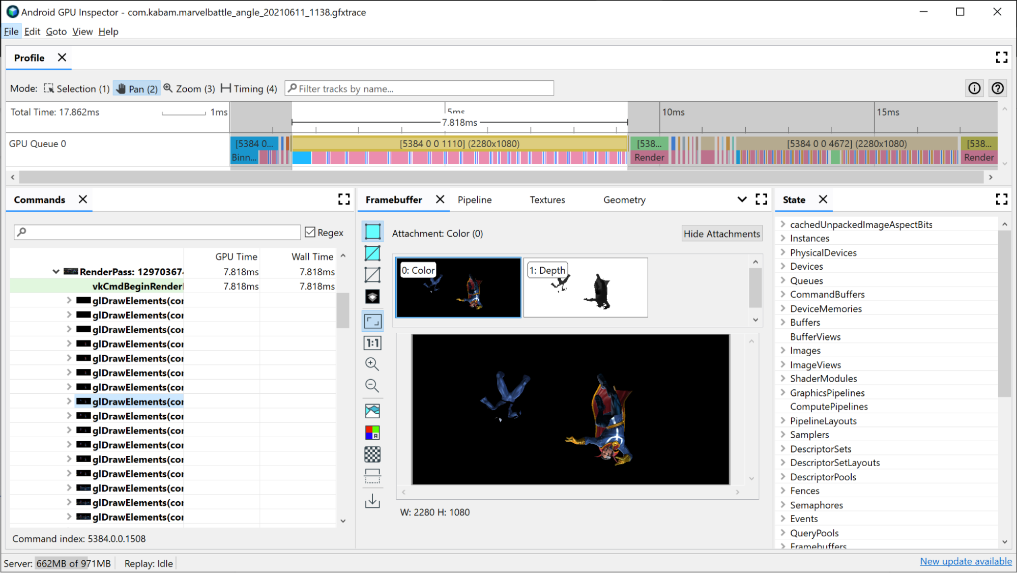 Mengidentifikasi render pass terpanjang di tampilan Linimasa Frame