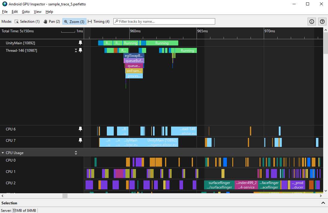 Spiel, bei dem der Haupt- und Renderingthread hauptsächlich auf den großen Kernen (CPU 6–7) ausgeführt wird, dargestellt in hellblau