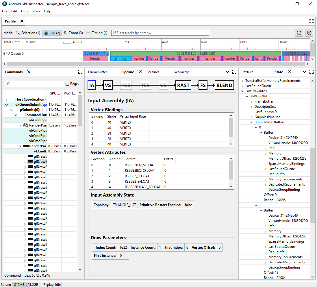 Frame profiling view for a draw call's input assembly and state showing the bound vertex buffer