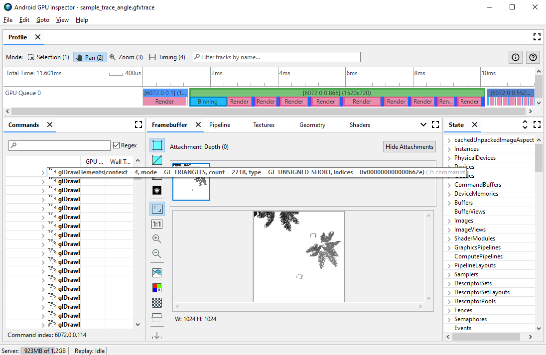 Vista de generación de perfiles de fotogramas para una llamada a glDrawElements, en la que se coloca el cursor para obtener detalles en los parámetros de llamada de dibujo