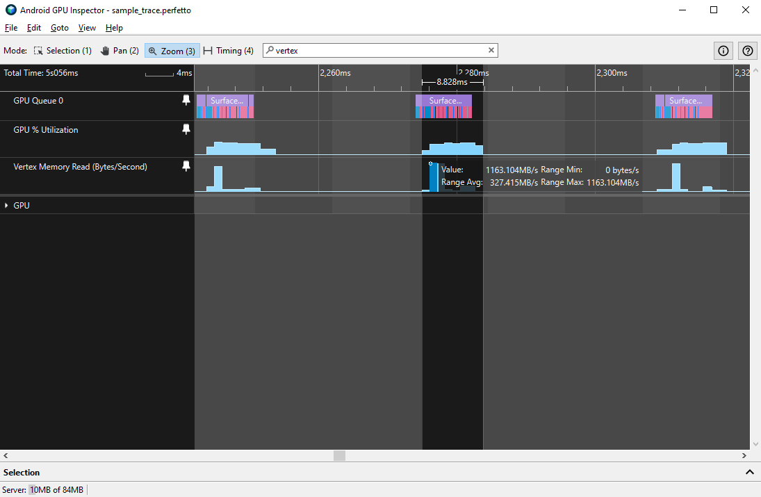 Vertex memory read bandwidth for a single frame, with an average value of 327 MBps and a peak value of 1.16 GBps