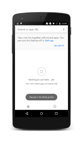 Perangkat seluler menampilkan fitur notifikasi status kerja dalam Android for Work