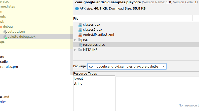 ภาพหน้าจอของ APK Analyzer ที่ตรวจสอบเนื้อหาของไฟล์ทรัพยากรที่คอมไพล์แล้ว