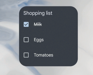 Ejemplo de un widget de lista de compras que muestra el comportamiento con estado