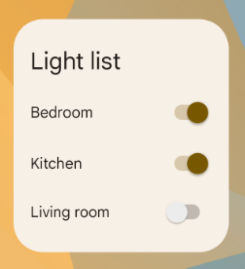 Un widget para una app llamada &quot;Lista de luces&quot;, que muestra interruptores de activación con las etiquetas &quot;Dormitorio&quot;, &quot;Cocina&quot; y &quot;Sala de estar&quot;, con los dos primeros interruptores desactivados.