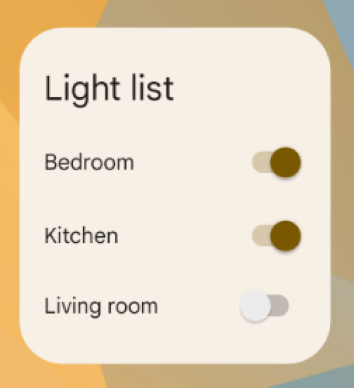 名为“Light list”（灯具列表）的应用的 widget，显示标有“Bedroom”（卧室）、“Kitchen”（厨房）和“Living room”（客厅）的切换开关，其中前两个切换开关处于关闭状态