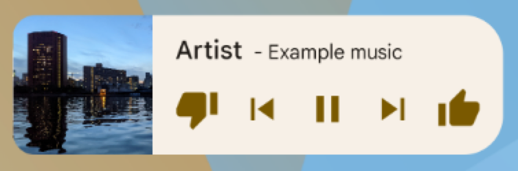 Una app general de música que muestra botones para &quot;No me gusta&quot;, &quot;Atrás&quot;, &quot;Reproducir/pausar&quot;, &quot;Avanzar&quot; y &quot;Me gusta&quot;. El artista y la pista aparecen como &quot;Artista&quot; y &quot;Música de ejemplo&quot;, respectivamente.