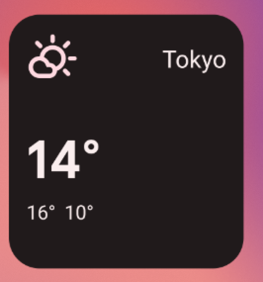 最小 3x2 网格大小的天气 widget 示例。界面显示位置名称（东京）、温度 (14°) 和指示局部多云天气的符号。