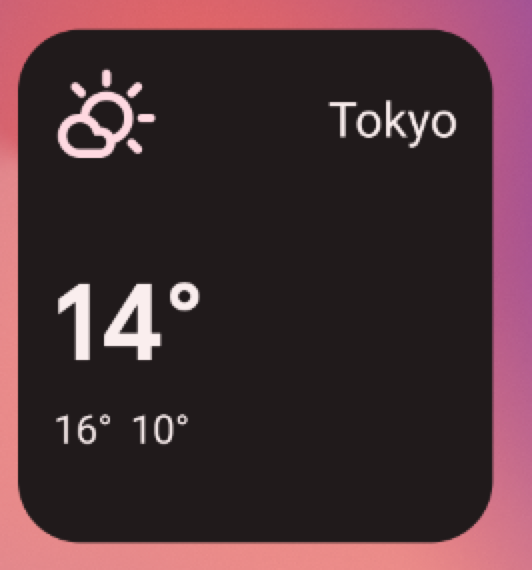 Ejemplo de widget del clima en el tamaño más pequeño de cuadrícula de 3 × 2, en el que se muestra el nombre de la ubicación (Tokio), la temperatura (14°) y el símbolo que indica un clima parcialmente nublado