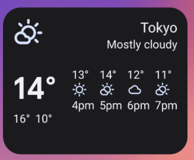 Exemple de widget météo dans un format &quot;medium&quot; 4x2 la taille de l&#39;image. Redimensionner le widget de cette manière s&#39;appuie sur l&#39;ensemble de l&#39;interface utilisateur de la taille de widget précédente et ajoute le libellé &quot;Partiellement nuageux&quot; et une prévision des températures de 16h à 19h.