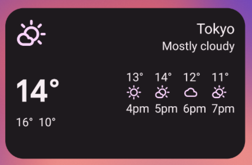 Ejemplo de widget del clima en un elemento “medium” de 5 × 2 de tamaño del ensamble. Si cambias el tamaño del widget de esta manera, se obtiene la misma IU que el tamaño anterior, excepto que se estira por una longitud de celda para ocupar más espacio horizontal.