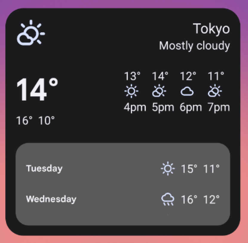 Esempio di widget meteo nelle dimensioni &quot;grandi&quot; 5 x 3. Se ridimensioni il widget in questo modo, viene mantenuta tutta l&#39;interfaccia utente delle dimensioni precedenti del widget e viene aggiunta una visualizzazione all&#39;interno del widget contenente una previsione del meteo per martedì e mercoledì. Simboli che indicano tempo soleggiato o piovoso
            e temperature massime e minime per ogni giorno.