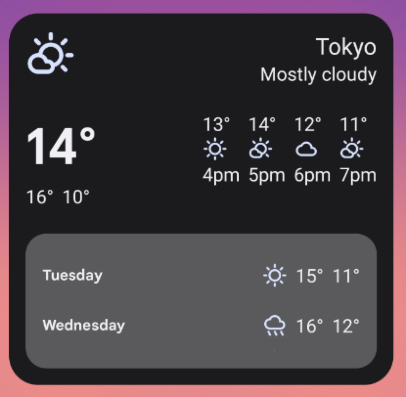 Exemplo de widget de clima com tamanho &quot;grande&quot; de 5 x 3. Redimensionar o widget
            dessa forma cria toda a interface dos tamanhos anteriores
            e adiciona uma visualização dentro do widget com uma previsão do tempo
            para terça e quarta-feira. Símbolos que indicam tempo ensolarado ou chuvoso
            e temperaturas máximas e mínimas todos os dias.