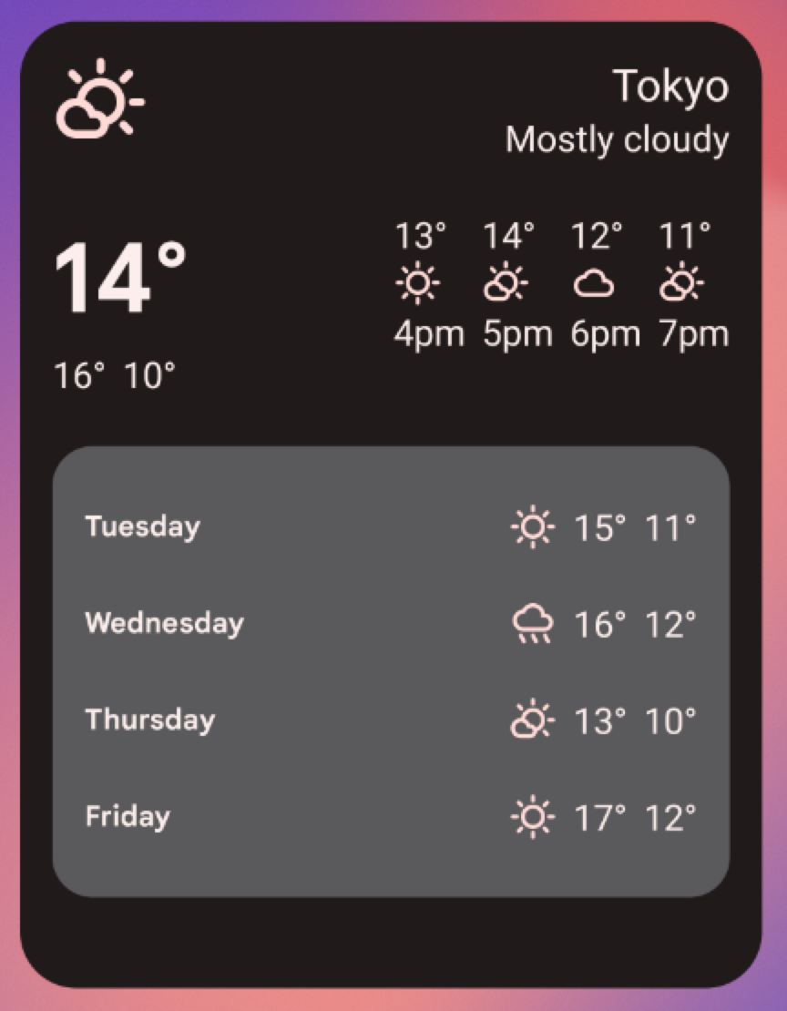 Exemple de widget météo au format &quot;grand&quot; de 5 x 4, incluant toutes les interfaces des grilles 3 x 2 et 5 x 2, ainsi qu&#39;une prévision météo du mardi au vendredi