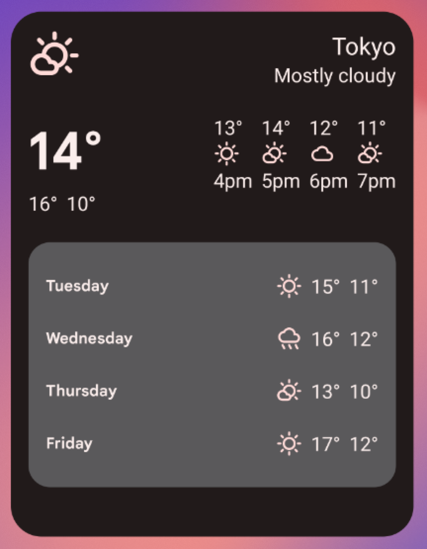 Exemple de widget météo de taille &quot;grande&quot; (5 x 4), incluant l&#39;ensemble de l&#39;interface utilisateur des tailles de grille 3 x 2 et 5 x 2, ainsi qu&#39;une prévision météo du mardi au vendredi