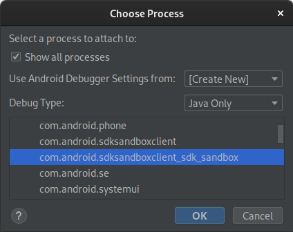 The SDK app process appears in a list view near the bottom
  of the dialog