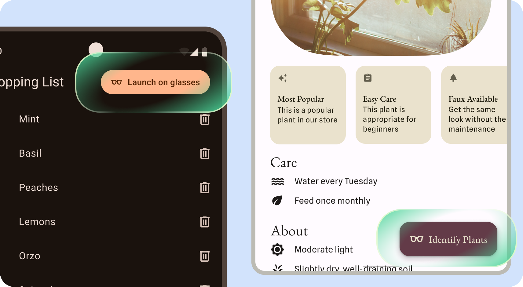 Gözlük uygulamalarını açan düğmeler içeren mobil uygulamalar.