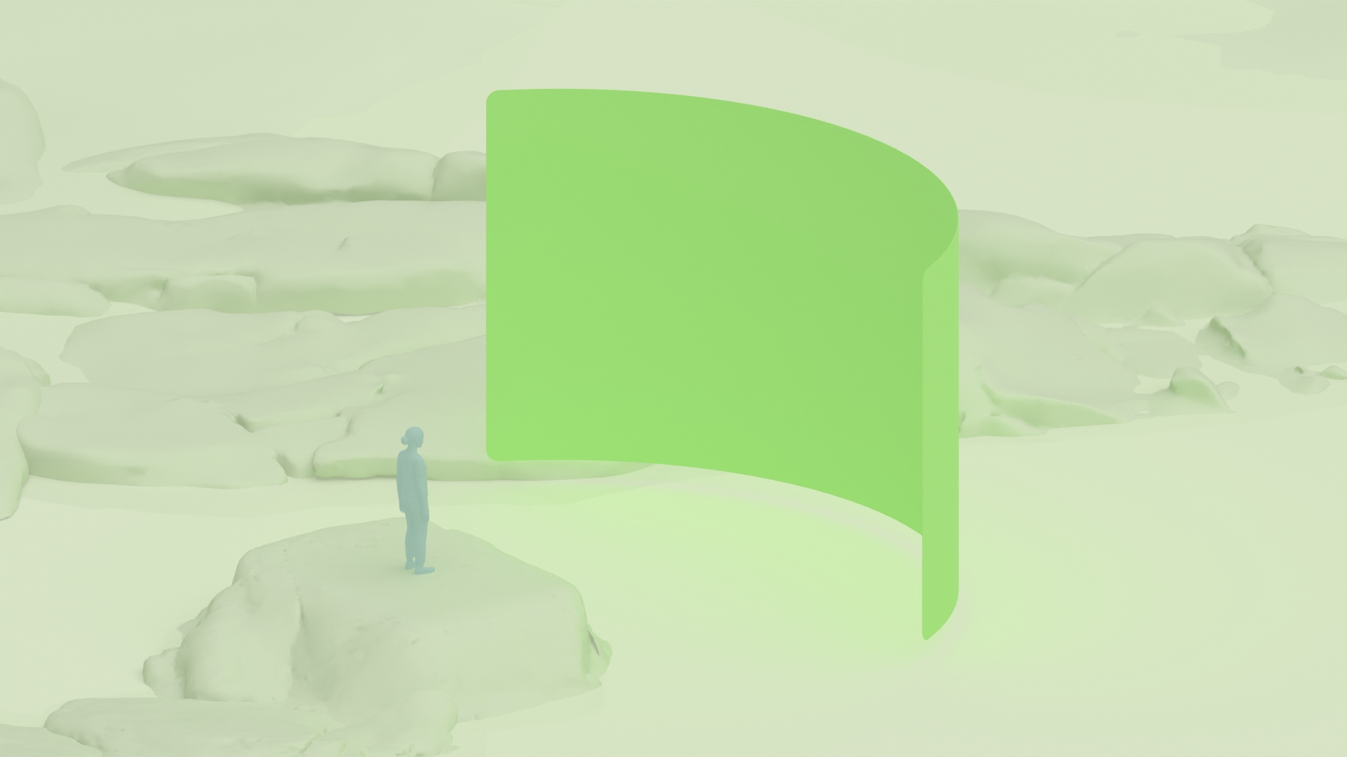 Orta alanda büyük bir kullanıcı arayüzü paneli bulunan kayalık bir ortamda duran bir kişi.