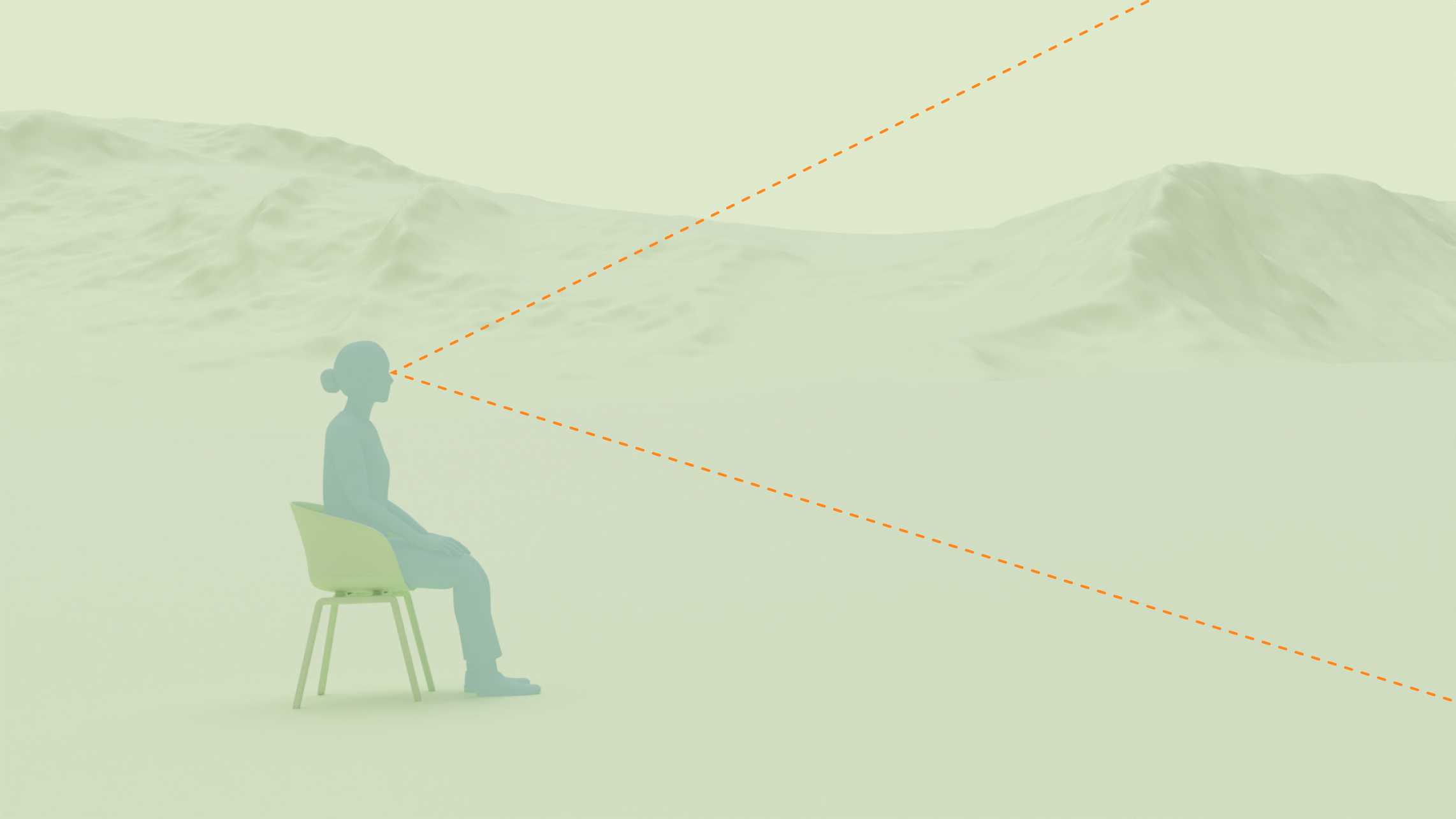 Une personne assise sur une chaise dans un environnement spatial, avec des lignes en pointillés qui délimitent son champ de vision.