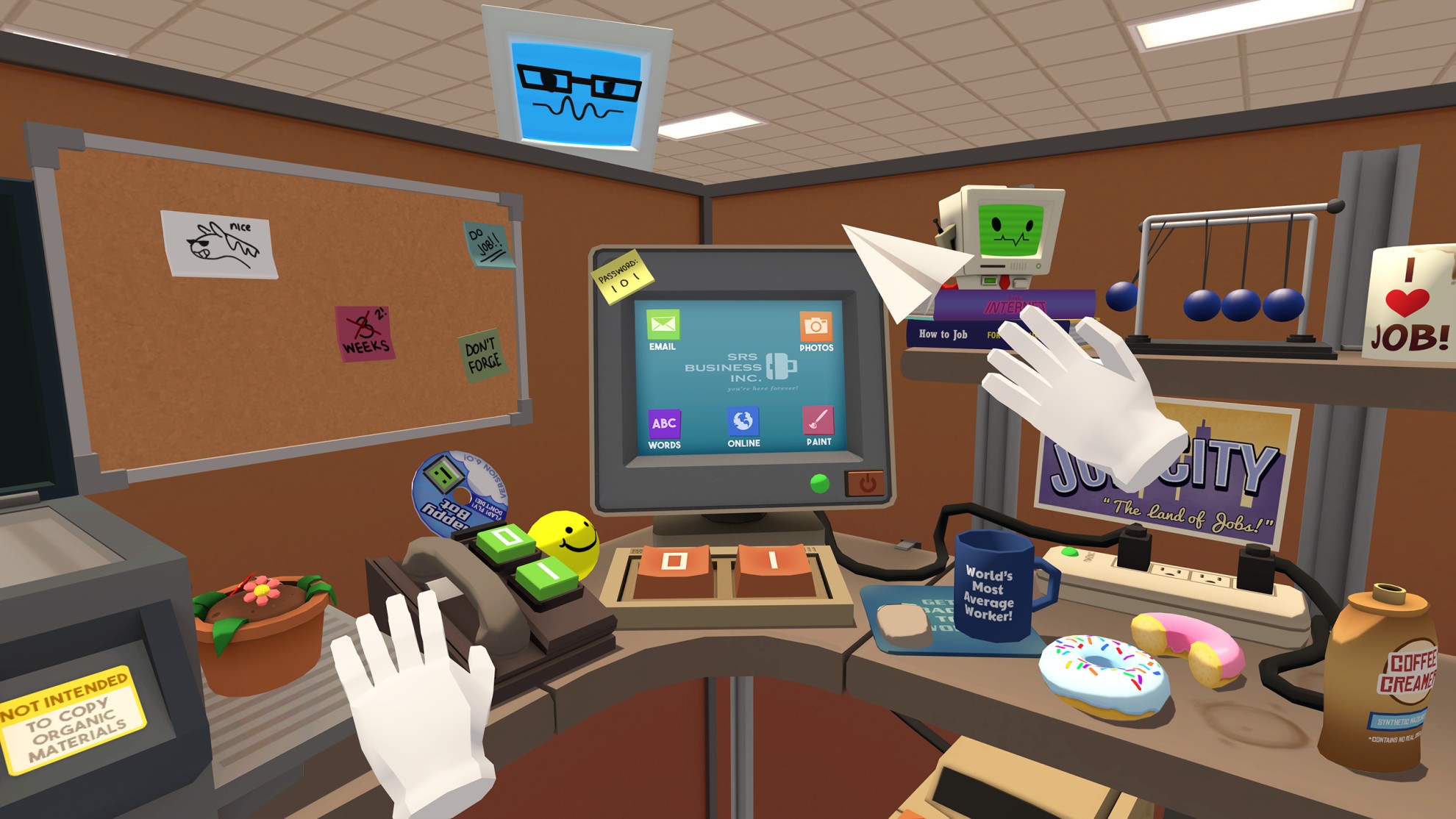 Job Simulator، وهي لعبة واقع افتراضي شاملة تمامًا يظهر فيها مستخدم جالس على كمبيوتر قديم في مقصورة مكتب تتضمّن اللعبة أياديًا افتراضية يمكنها التفاعل مع الأجسام الثلاثية الأبعاد.