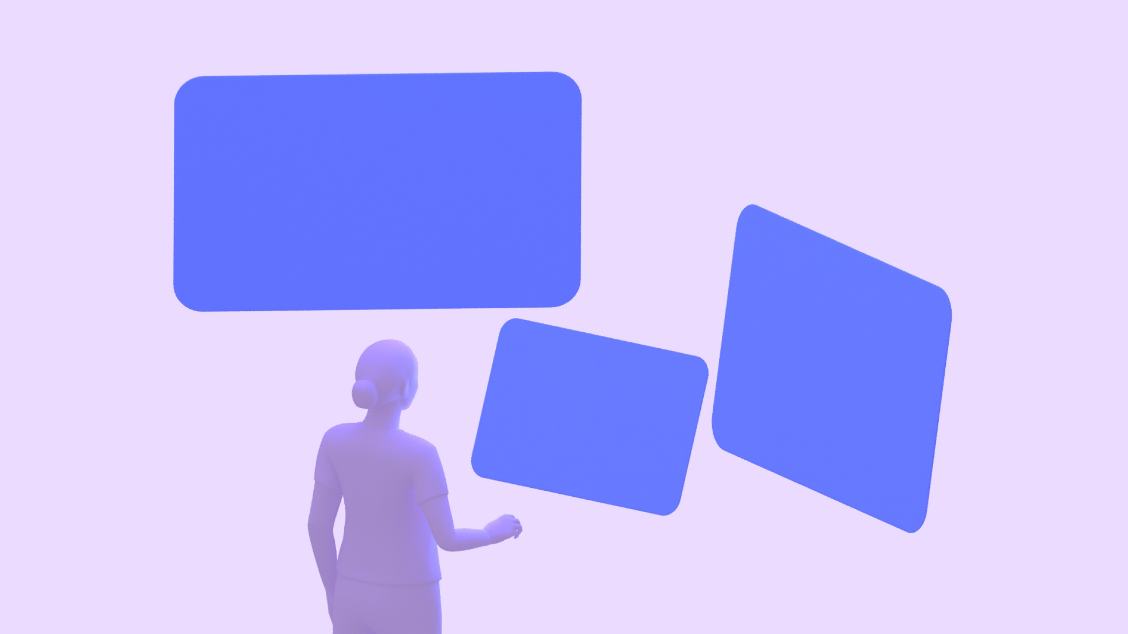 一个人在任意位置查看三个不同尺寸的平板，其中右侧和左侧外侧平板离他较远